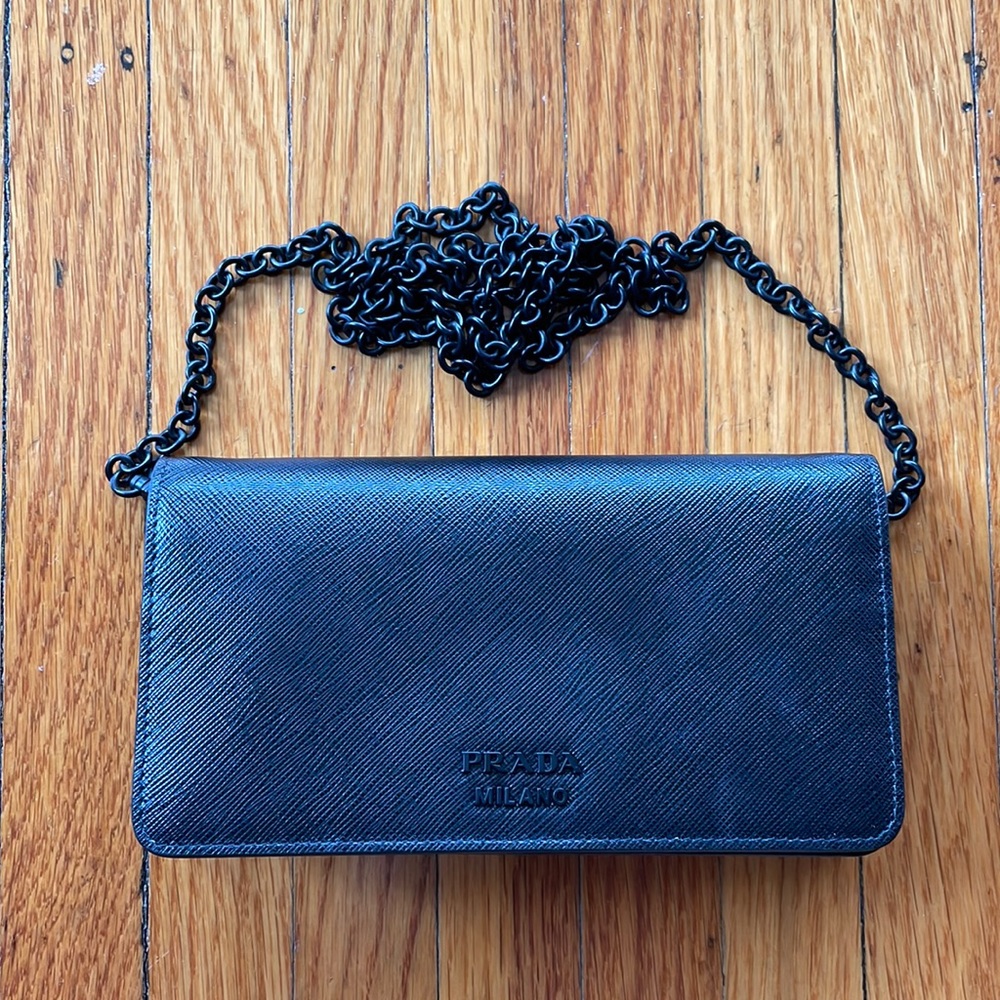 Prada Black Saffiano Leather Chain Clutch